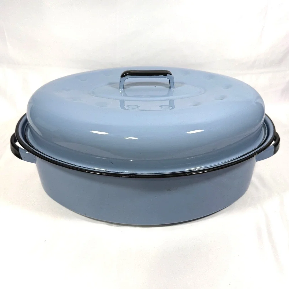 Vintage Enamelware Oval Roasting Pan with Lid Blue Farmhouse Large 16.5in Roastr